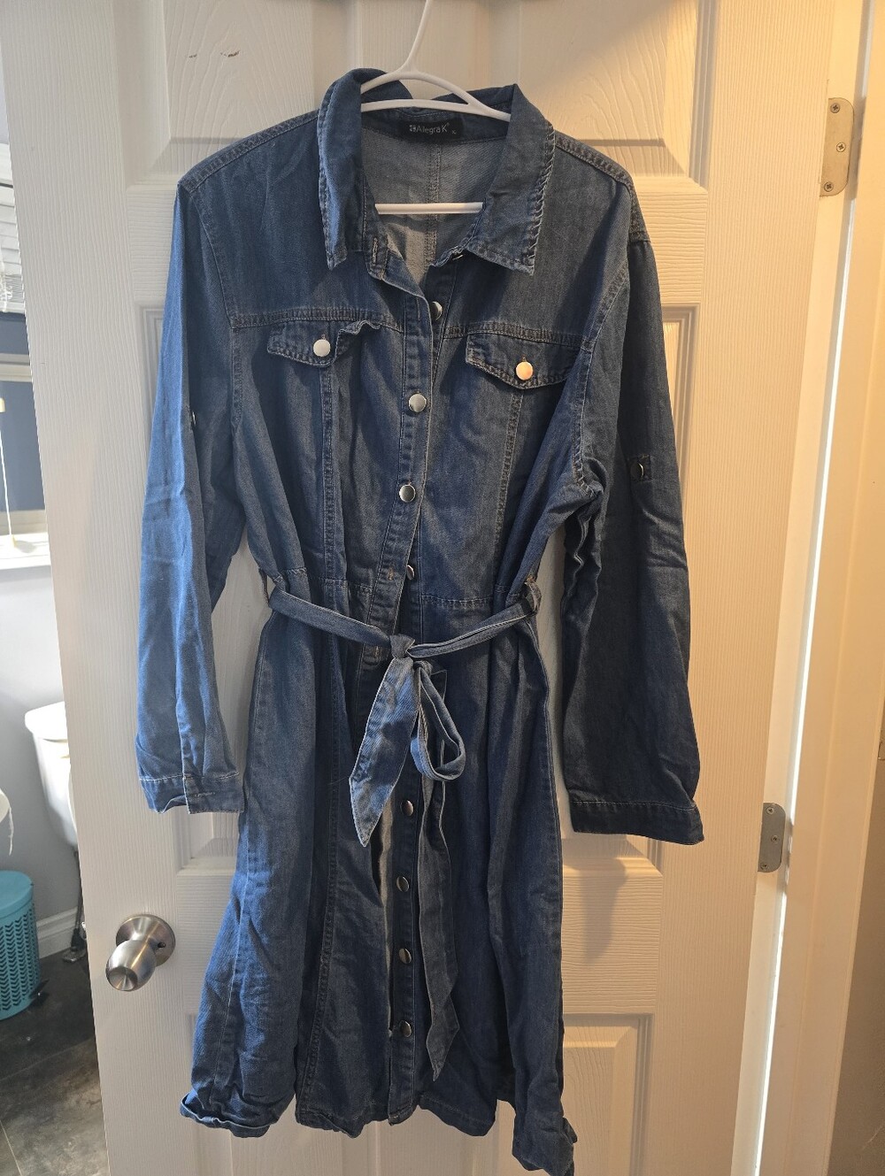 Allegra K Dark Blue Denim Shirt Jacket with Waist Tie